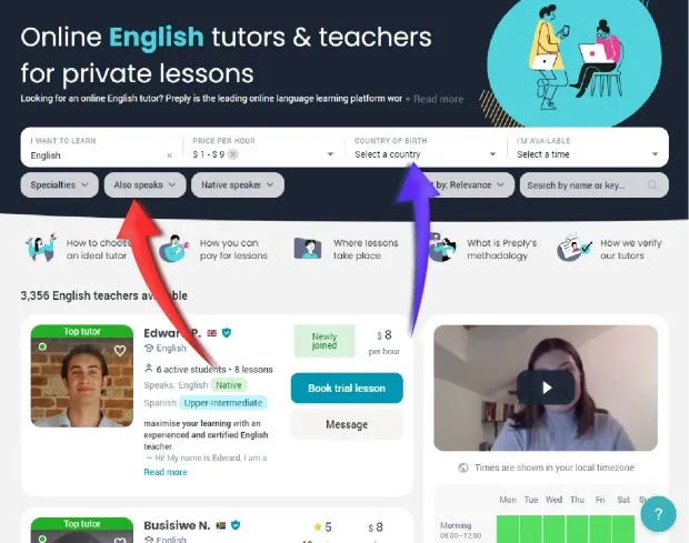 Филтри на Preply - езиците на учителя