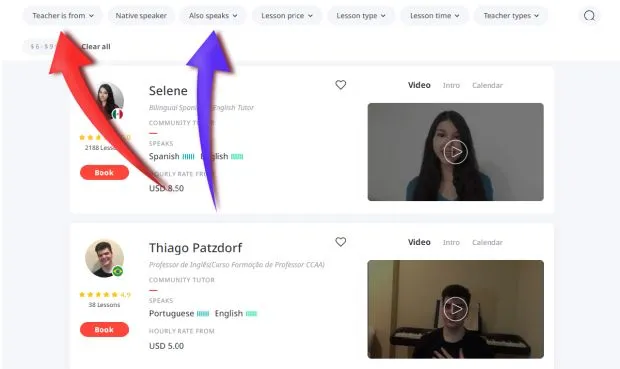 Филтри на Italki - езиците на учителя